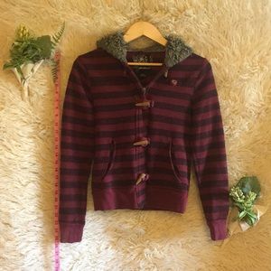 O’Neill Maroon Black Zip Up Hooded Jacket